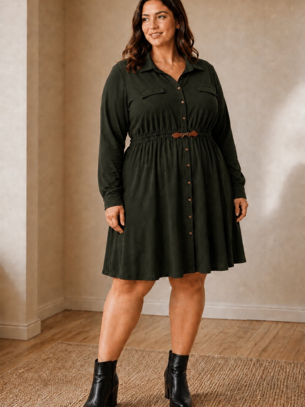 Olive Long-Sleeve Button Front Shirt Dress